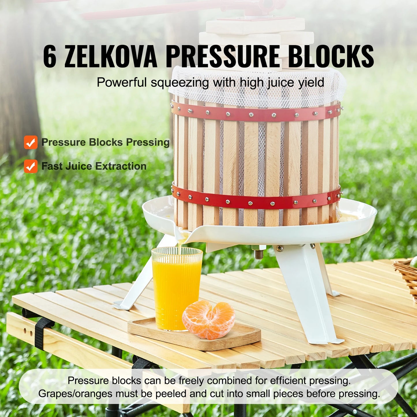 SucceBuy 6-18L Fruit Wine Press Solid Wood Basket  6 or 8 Blocks Manual Juice Maker with Pole Handle Bar for Kitchen and Home