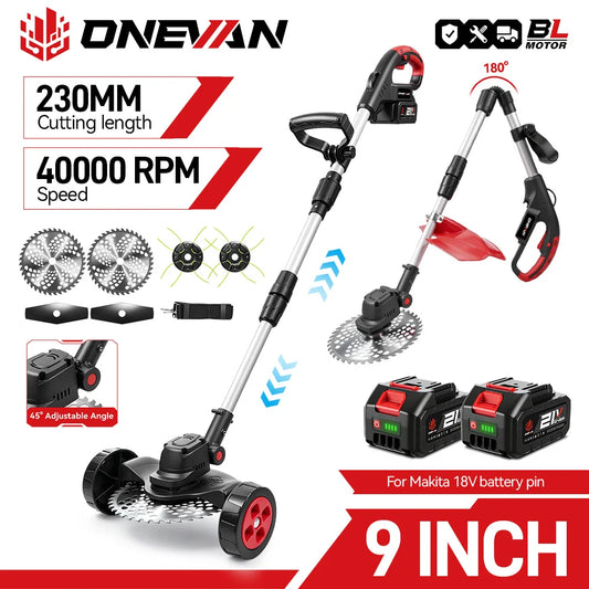 ONEVAN 9inch Brushless Electric Lawn Mower 40000RPM Cordless Grass Cutting Trimmer Garden Power Tool For Makita 18V Battery Pin