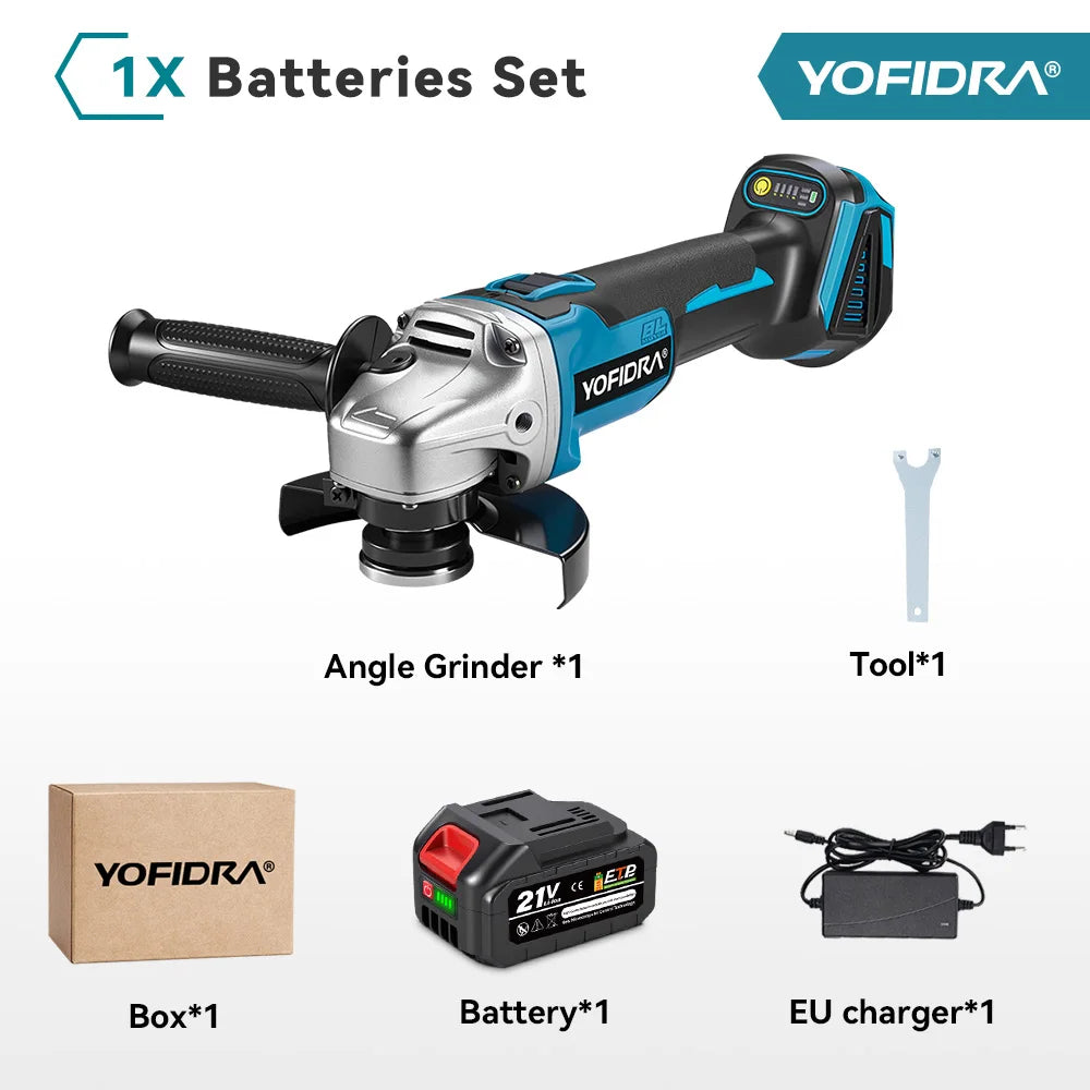 YOFIDRA 125MM Brushless Electric Angle Grinder Cordless Metal Wood Grinding Polishing Cutting Power Tool for Makita 18-21V Battery Pin