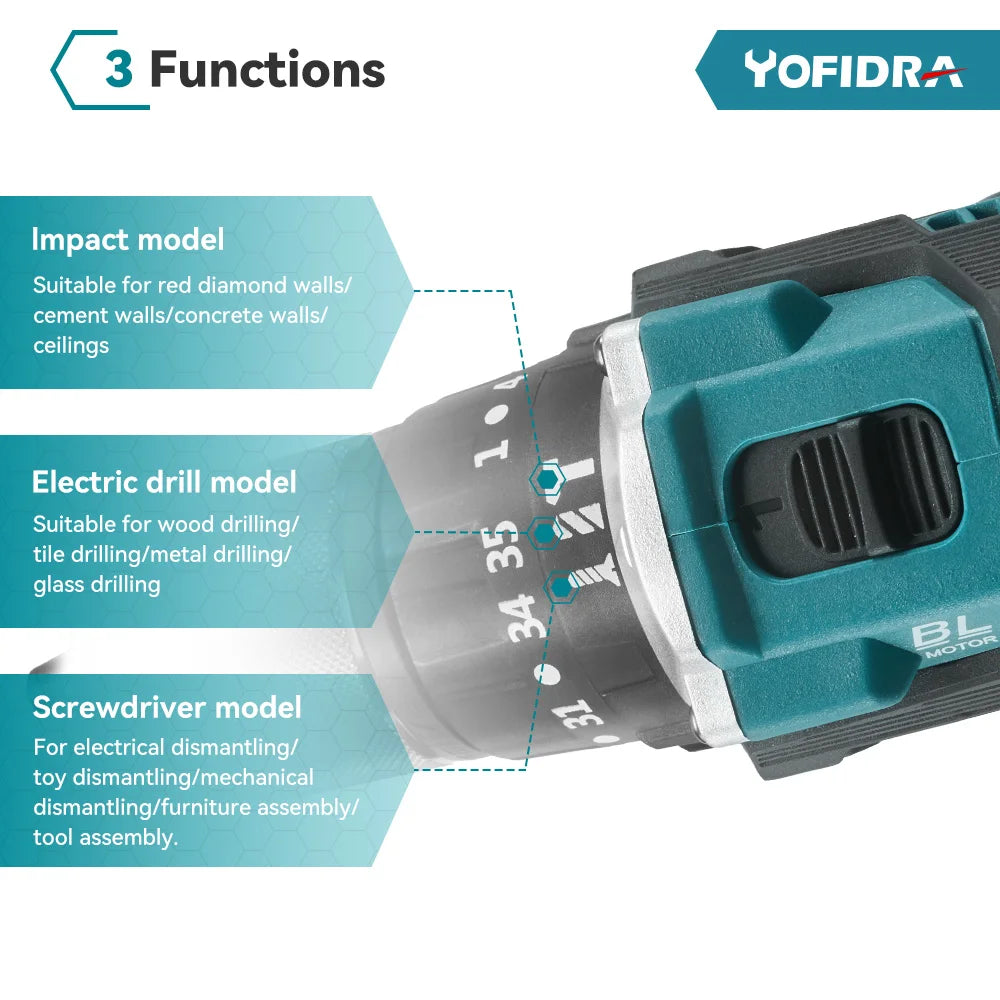 YOFIDRA 35+3 Torque Brushless Electric Impact Drill 13MM Multifunction Electric Screwdriver Power Tools Makita 18V Battery Pin