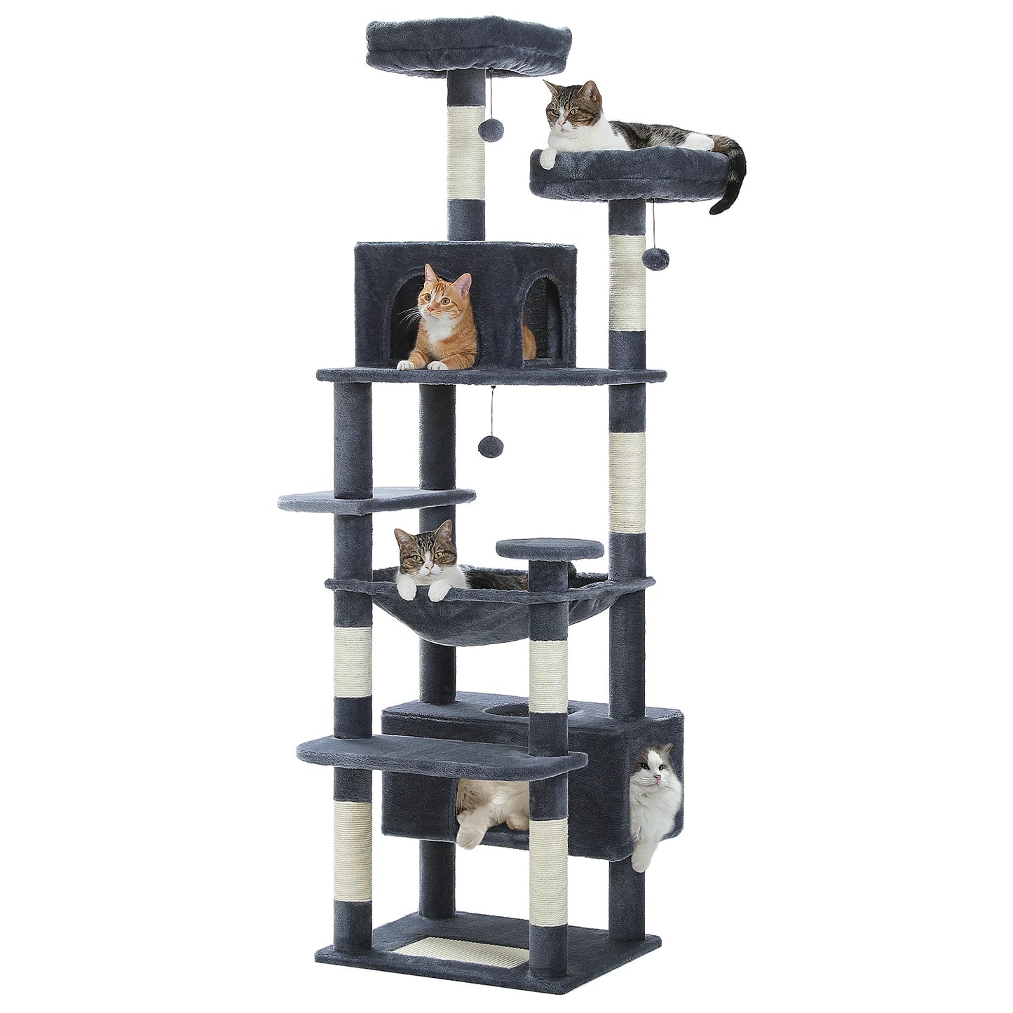 Multi-level cat tree with multiple perches, enclosed condos, a hammock, and scratching posts.