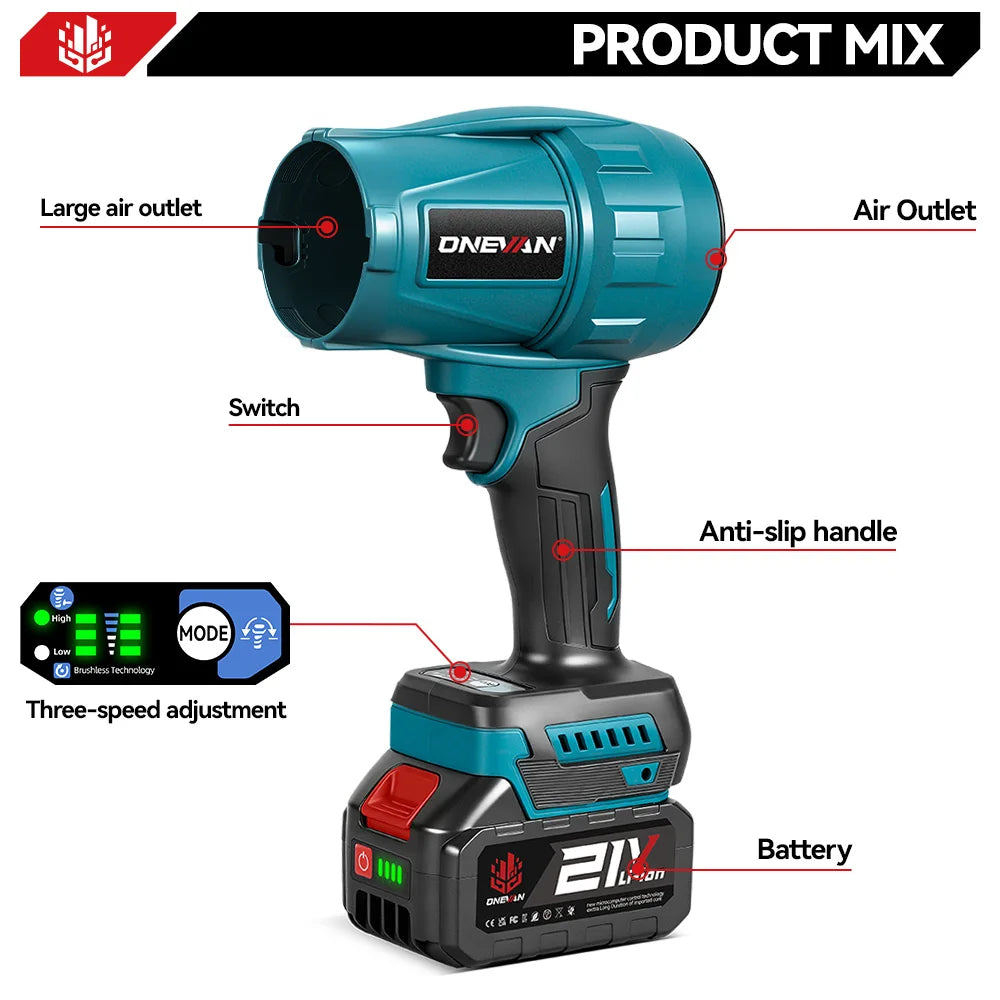 ONEVAN Borstelloze 300.000 RPM Elektrische Turbo Bladblazer 350M/S Luchtblazer Stofblaasgereedschap voor Makita 18V Accu