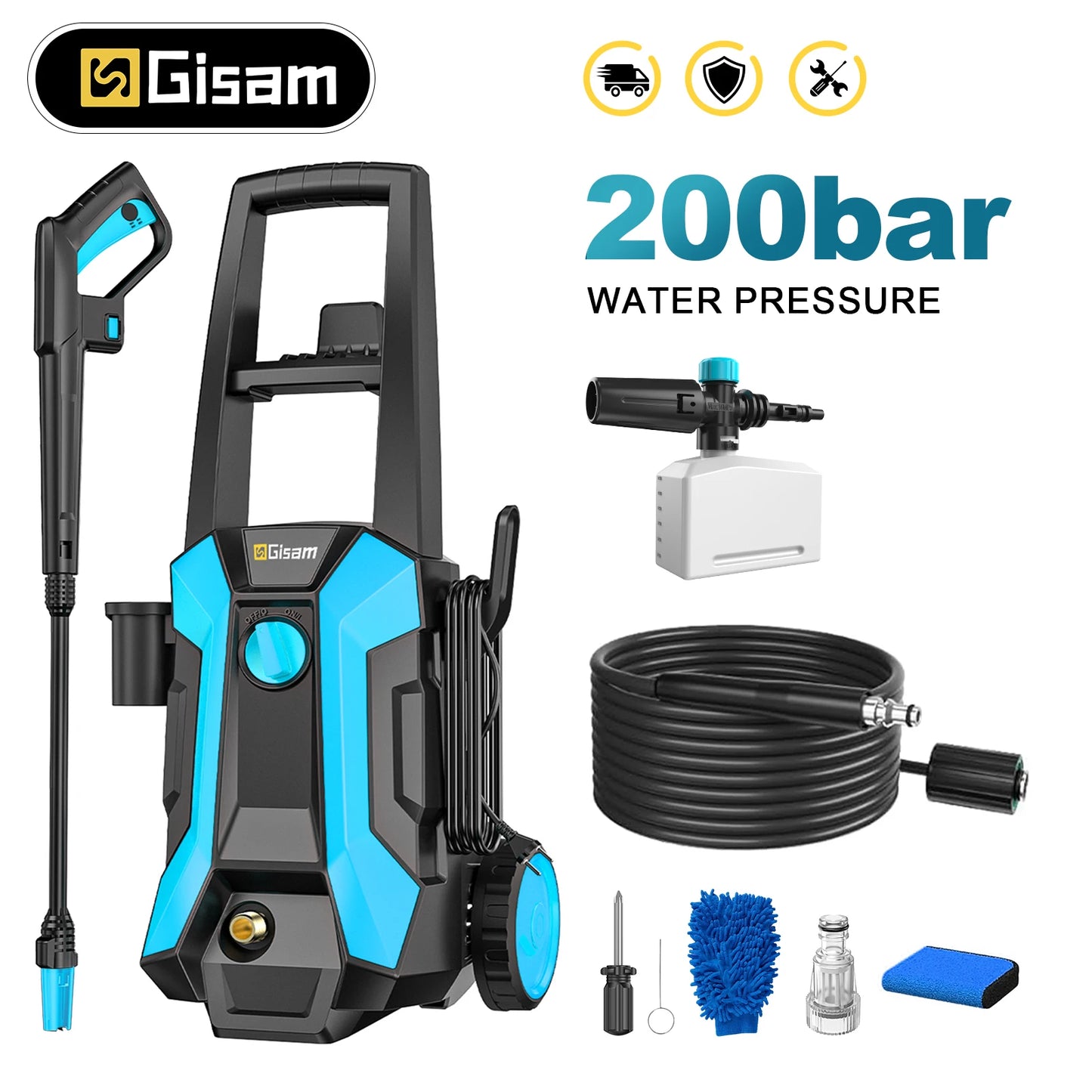 Gisam 200Bar Electric High Pressure Washer 2900 PSI 2200W Car Washer Gun Garden Washing Water Wash Spray Gun with 8m Hose, Soap Bottle, 180° Adjustable Nozzle For Car Garden Clean