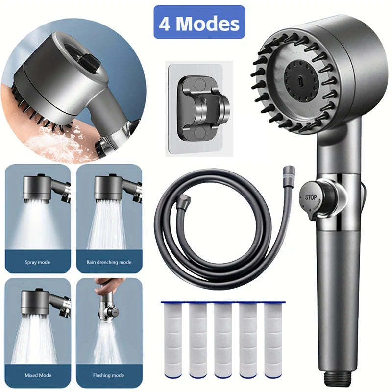 High Pressure Adjustable 4-Mode Shower Head with One Button Water Stop & Water Saving - Premium Shower Massage System