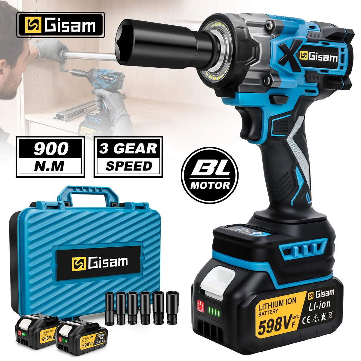 Gisam 900N.M Borstelloze Elektrische Slagmoersleutel 1/2" Accu High-Torque Moersleutel Boormachine Schroevendraaier Gereedschap voor Makita Accu Pin