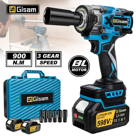 Gisam 900N.M Brushless Electric Impact Wrench 1/2" Cordless Electirc Wrench Drill Power Tools For Makita 18v Battery Pin