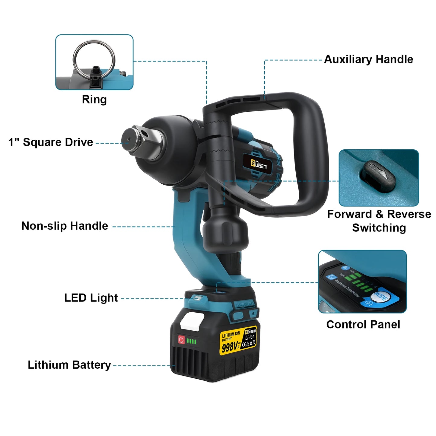 Gisam 4500N.M Brushless Electric Wrench 1 inch Impact Wrench Cordless High Torque Heavy-duty Tire Repair Wrench Screwdriver Drill Power Tool For Makita 18V Battery Pin