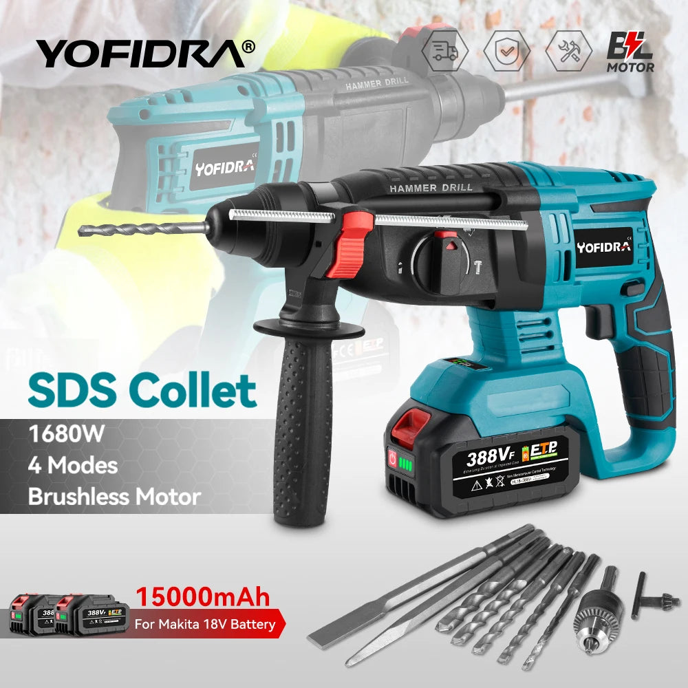 Marteau perforateur électrique sans bal ais YOFIDRA 26 mm, outil électroportatif multifonction rotatif sans fil rechargeable pour batterie Makita 18 V
