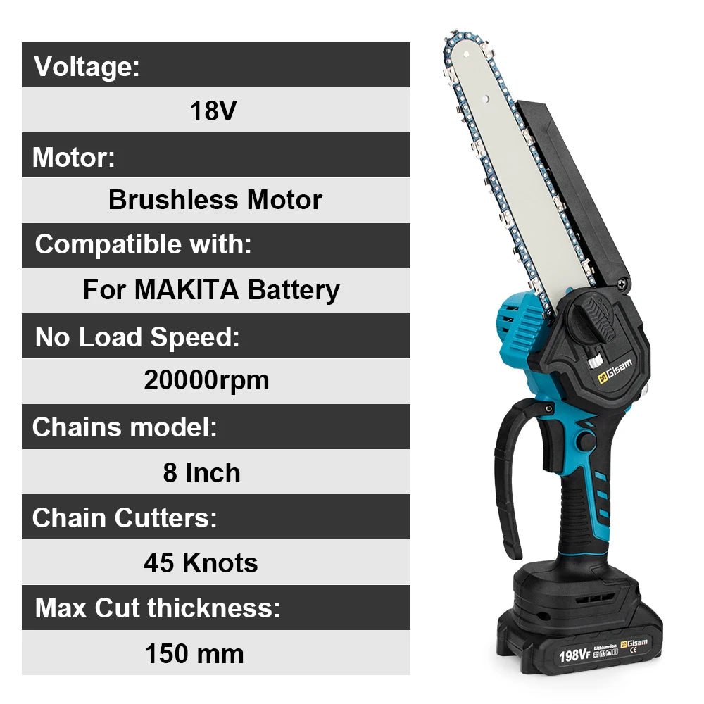 Gisam 8'' Brushless Mini Chainsaw Cordless Electric Saw Rechargeable Woodworking Garden Pruning Saw for Makita 18V Battery Pin