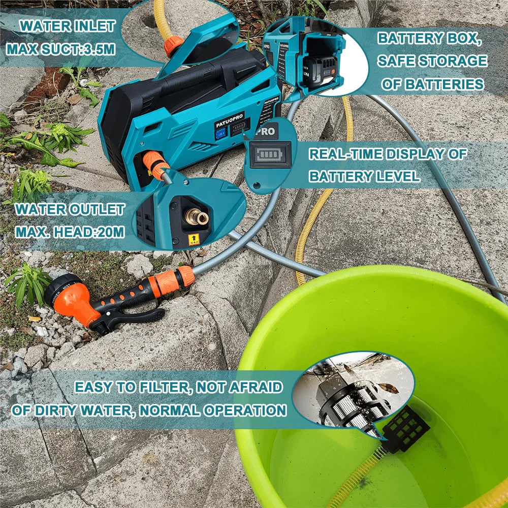 10m Hose Cordless Water Pump 500W for Garden Irrigation and Car Cleaning - Compatible with Makita 18V Battery - Quality Shopping Centre