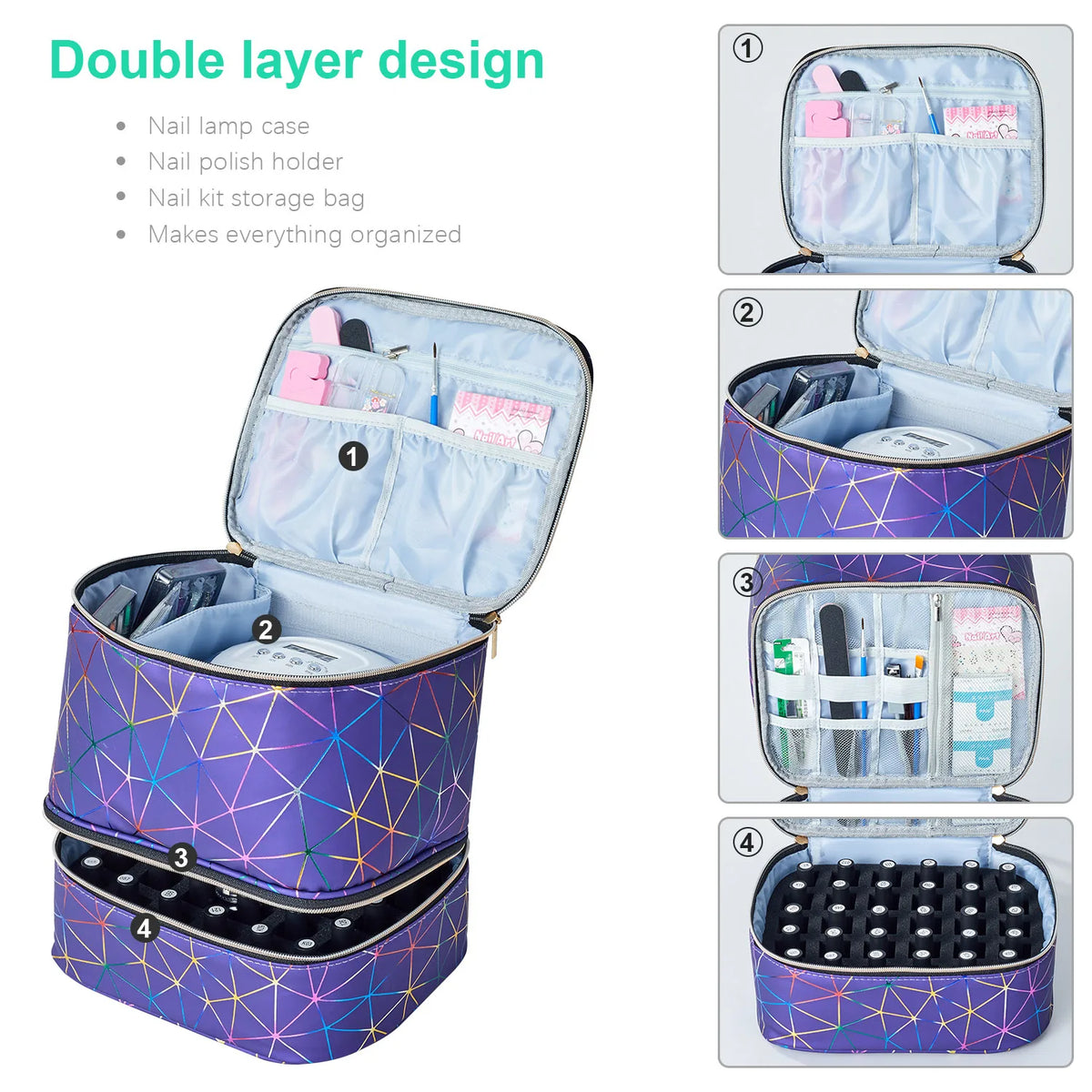 Leather Nail Polish Organizer and Nail Lamp Case,Nail Kit Organizer Holds 30+ Bottles and a Nail Lamp, Nail Polish Carrying Case