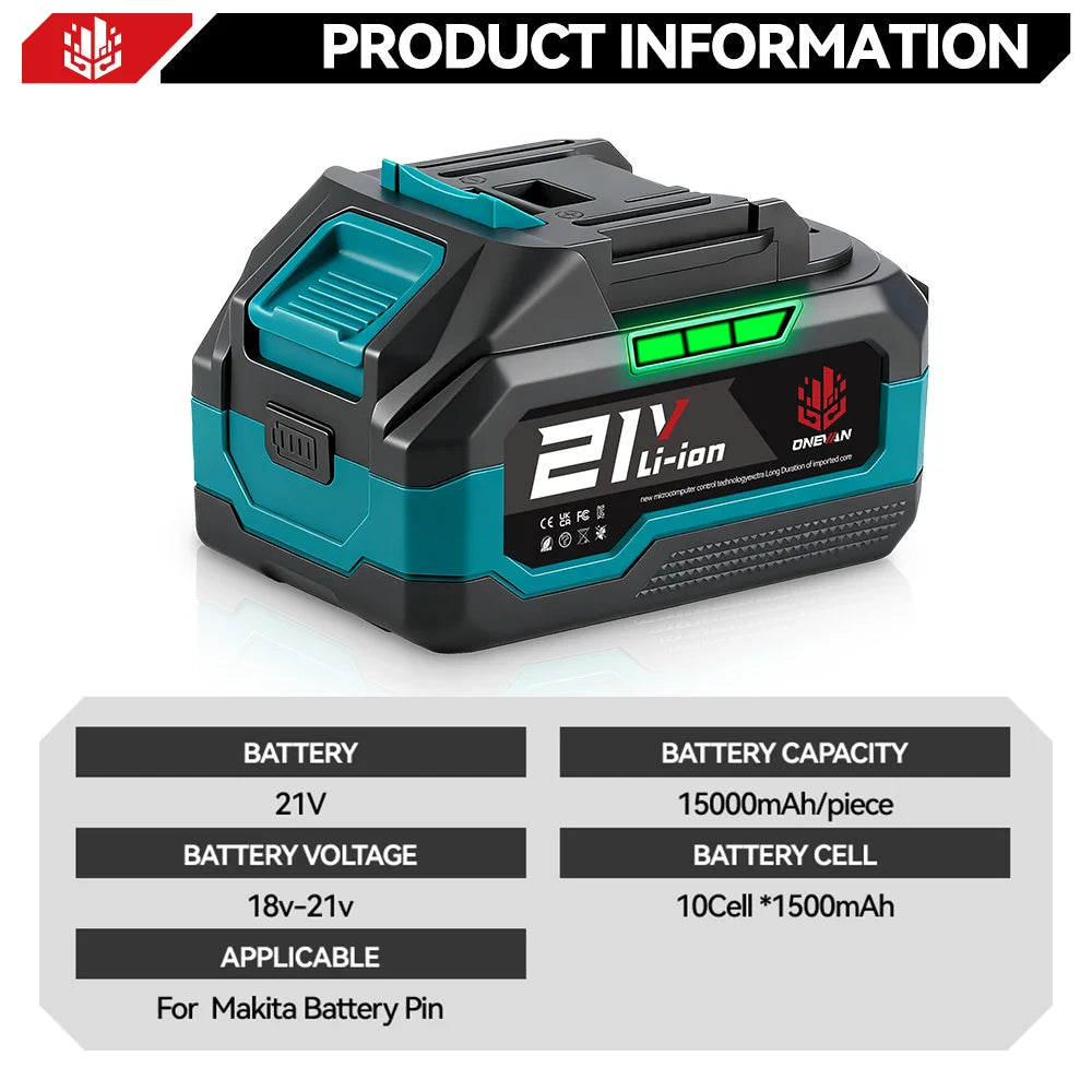 Batterie au lithium ONEVAN 21V, capacité 22500mAh 15000mAh, batterie ionique avec indicateur, outil électrique rechargeable pour batterie Makita 18V