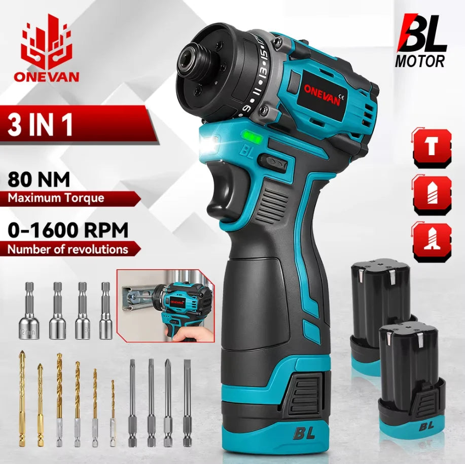 ONEVAN 3 IN 1 Brushless Electric Drill Screwdriver 80NM 1600 RPM Brushless impact screwdriver For Lithium Battery