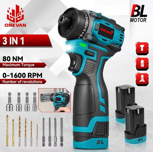 ONEVAN 3 IN 1 Brushless Electric Drill Screwdriver 80NM 1600 RPM Brushless impact screwdriver For Lithium Battery