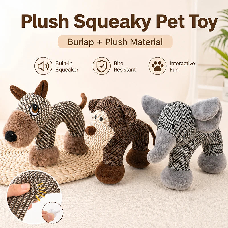 Plush Squeaky Dog Toy Bite Resistant Burlap Plush Animal Chew Toy Dog Elephant Monkey Interactive Fun Pet Toy for Dogs