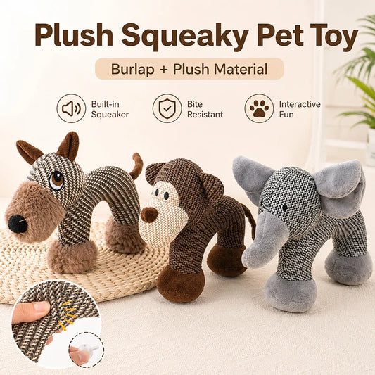 Jouet en peluche grinçant pour chien en toile de jute résistante aux morsures, jouet à mâcher en forme d'animal, éléphant et singe, jouet interactif amusant pour chiens