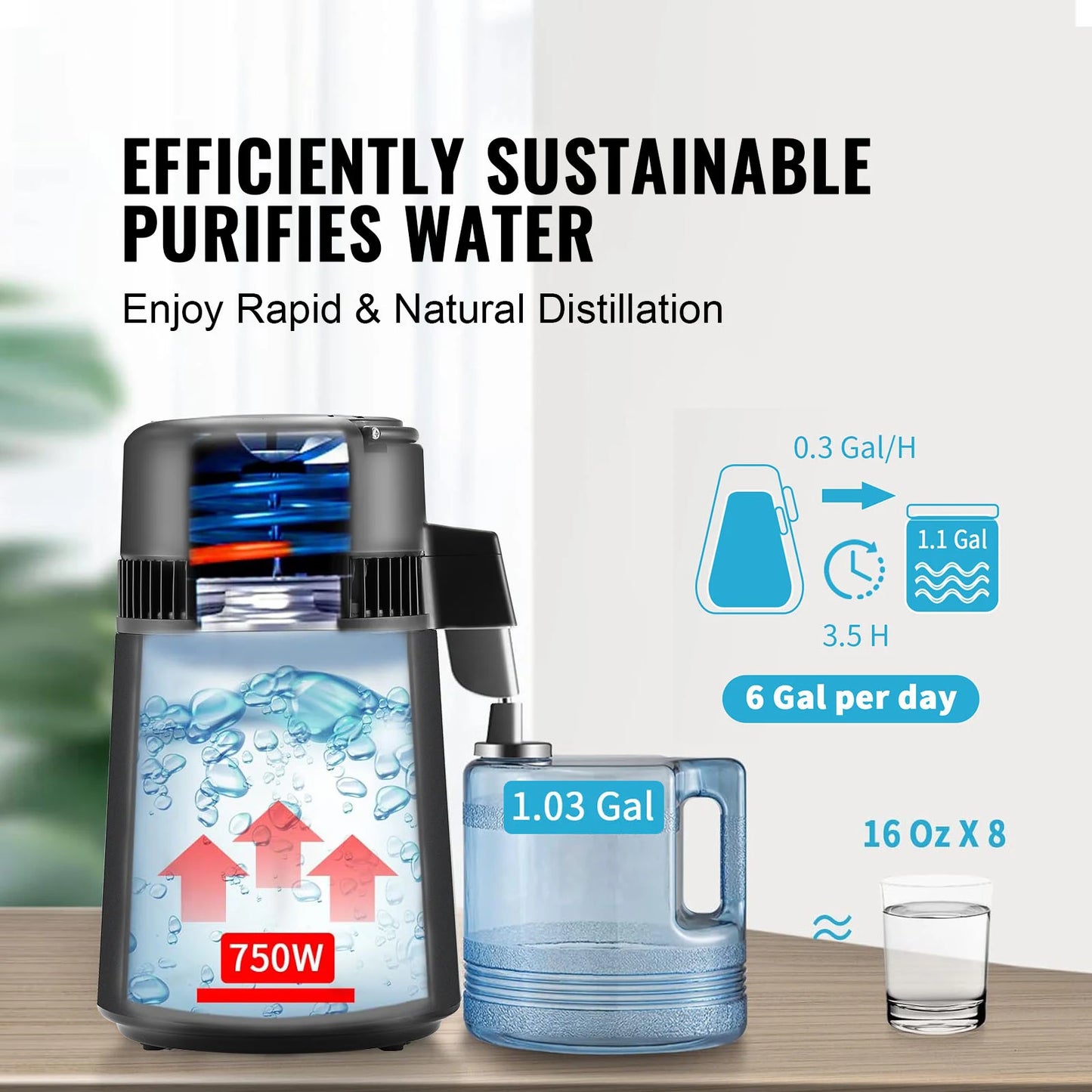 SucceBuy 4L Water Distiller 1.05 Gallon Pure Water Purifier Filter For Home Countertop Distilled Water Maker Stainless Steel Interior Distiller Water Making Machine