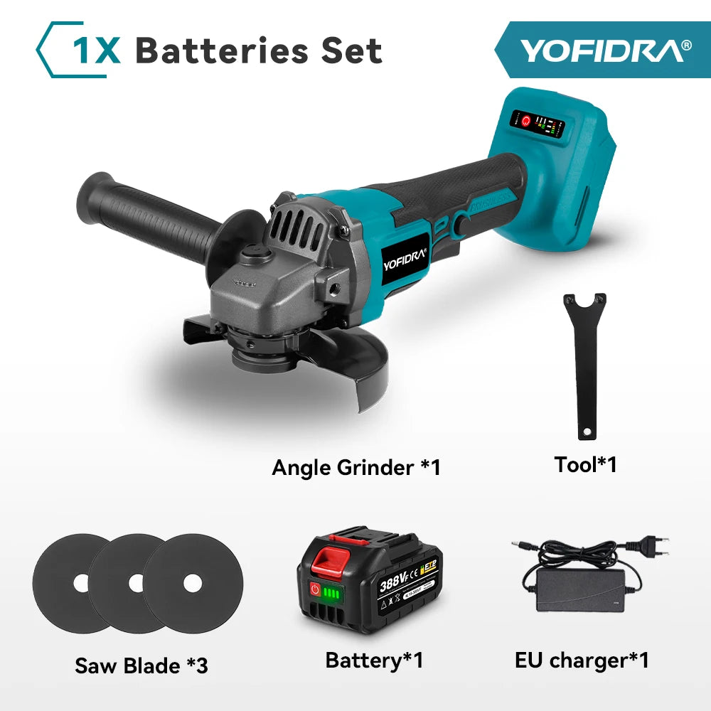 YOFIDRA 125mm Brushless Angle Grinder 12000RPM Cordless Cutting Polishing Power Tool With 3 Saw Blades For Makita Battery Pin