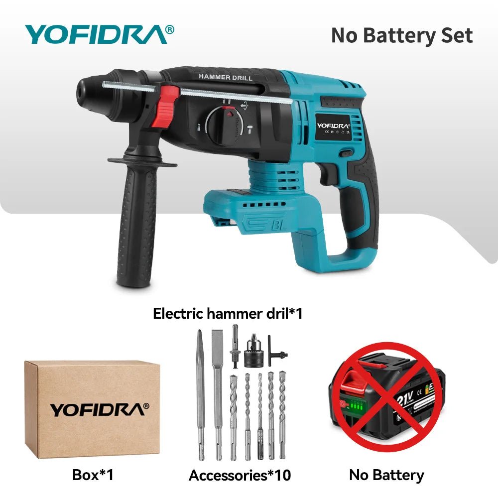 Perceuse à percussion sans fil YOFIDRA, marteau perforateur électrique sans balais 26 mm, ensemble d'outils électroportatifs pour le travail du bois, compatible avec batterie Makita 18V