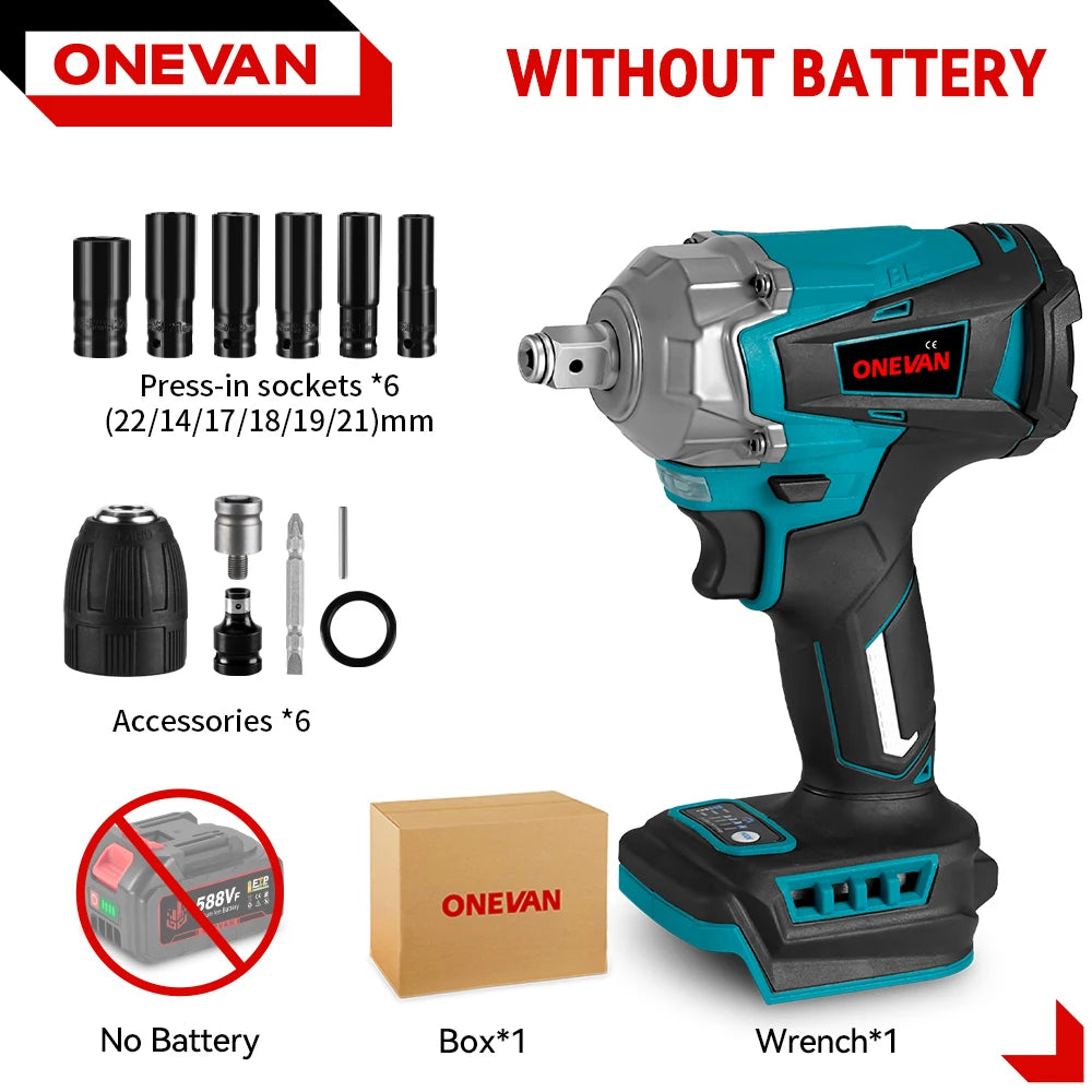ONEVAN 1200N.M Torque Brushless Electric Impact Wrench 1/2 Inch Cordless Electric Wrench Power Tools For Makita 18V Battery Pin