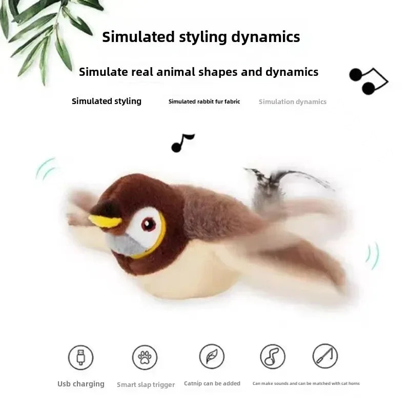 A brown and beige plush bird toy with a yellow beak and large eyes, featuring simulated styling, rabbit fur fabric, and dynamic movements, along with USB charging, smart slap trigger, catnip pouch, and sound capabilities.