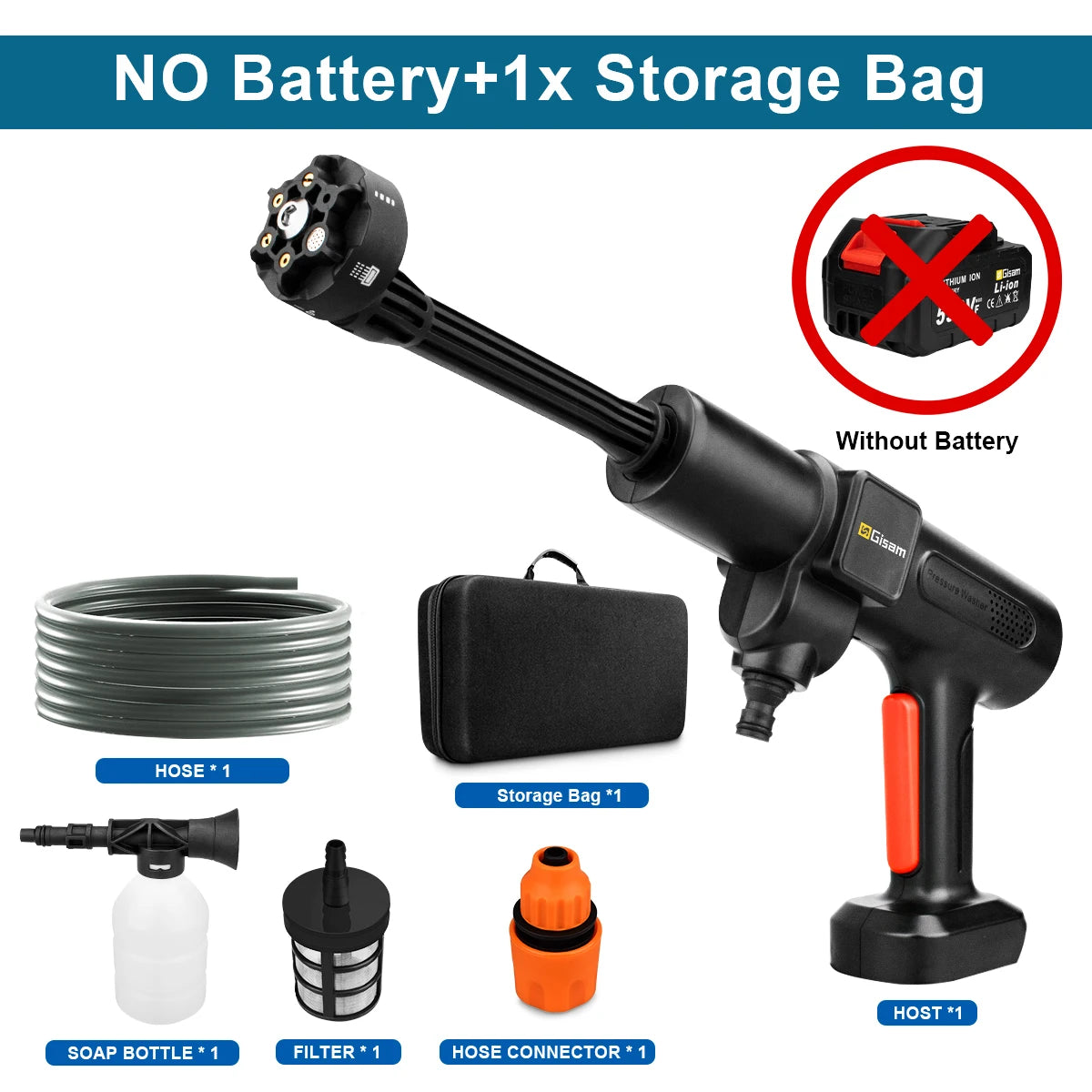 Gisam 200Bar Brushless High Pressure Car Washer 6in1 Electric Car Garden Washing Water Gun Spray Gun for Makita 18V Battery Pin