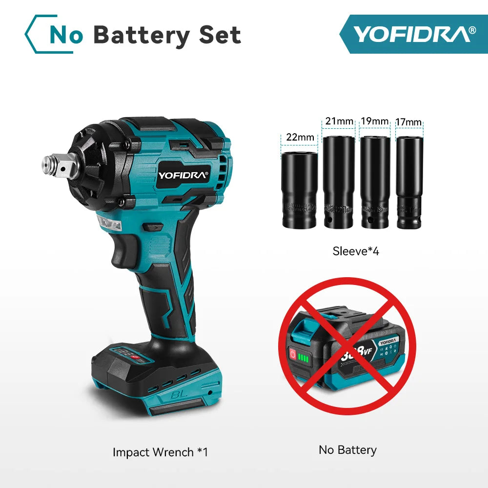 YOFIDRA Boulonneuse à chocs électrique sans fil 1/2" 1000 N.m, clé à chocs portative pour vissage automobile, ensemble avec douilles, compatible batterie Makita avec goupille