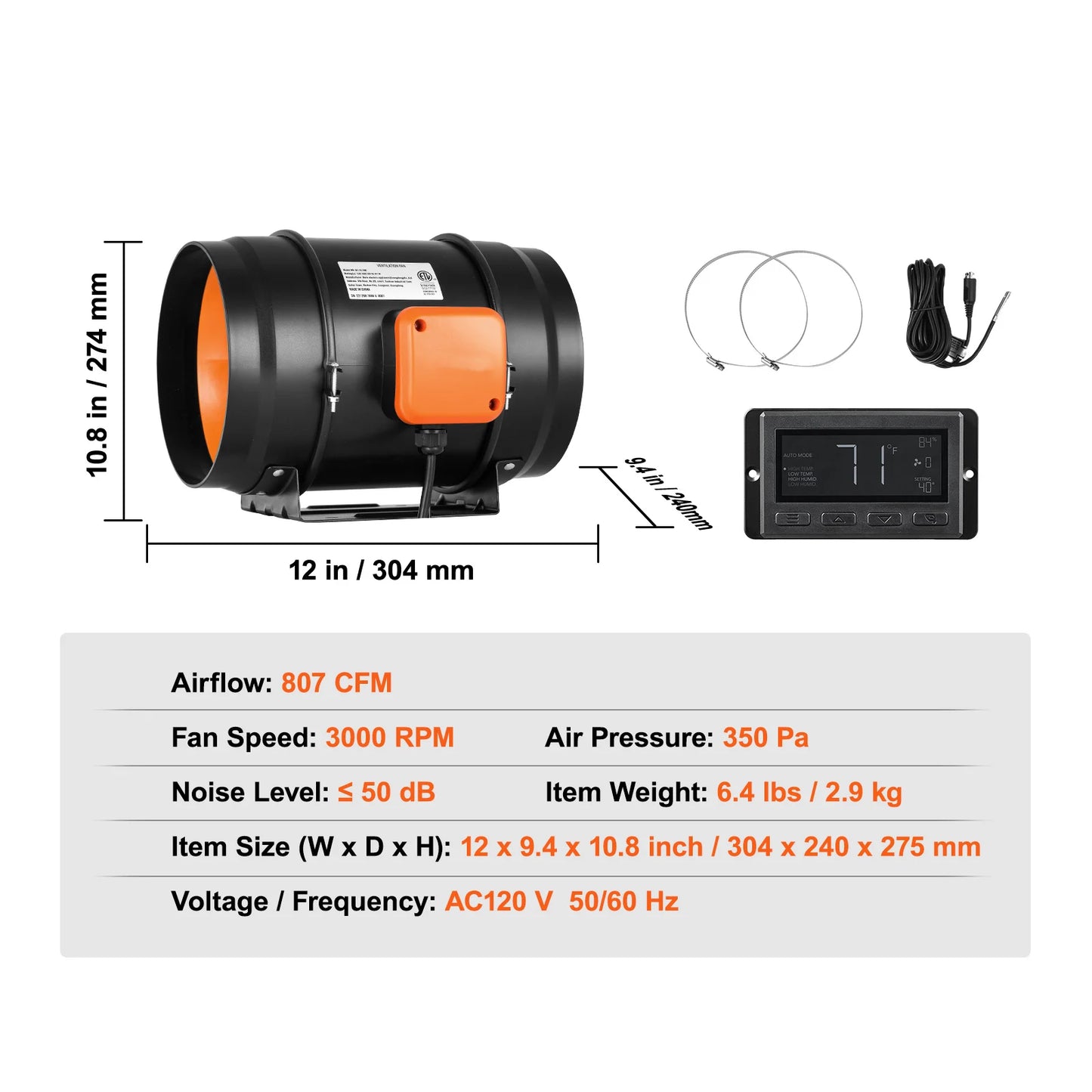SucceBuy Inline Duct Fan 4/8In  Quiet EC-motor Ventilation Exhaust Fan with Temperature Humidity Controller for Cooling Booster