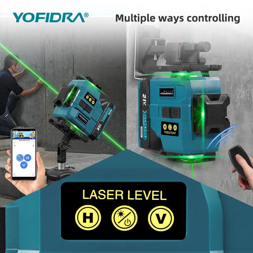 Niveau laser YOFIDRA 4D 16 lignes à nivellement automatique, outils de mise à niveau horizontale et verticale à 360° avec trépied de 1M pour batterie Makita 21V