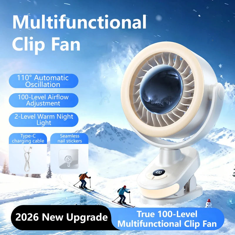 Ventilateur de bureau USB Lenovo Ice Cooling, à pince, rechargeable, portable, silencieux, pour bureau et dortoir, 100 vitesses, longue autonomie, veilleuse