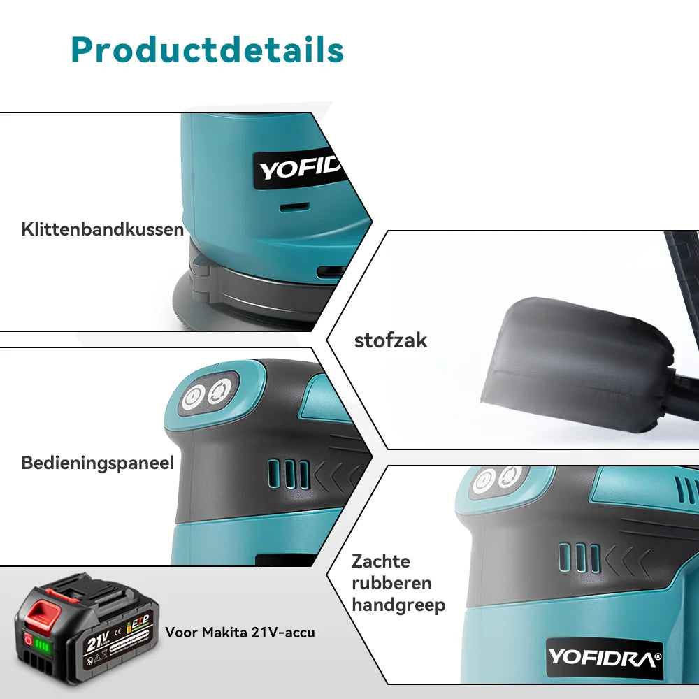 YOFIDRA Electric Orbital Sander 125MM Cordless Grinding Sanding Polishing Machine Woodworking Power Tool For Makita Battery Pin