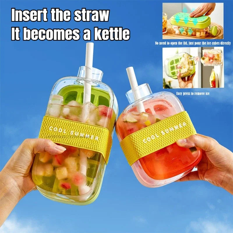Ice Cube Water Bottle Ice Cube Mold Press Ice Maker With Lid Food Grade Ice-Making Straw Dual-use Ice-Kettle NO TOUCH Silicone