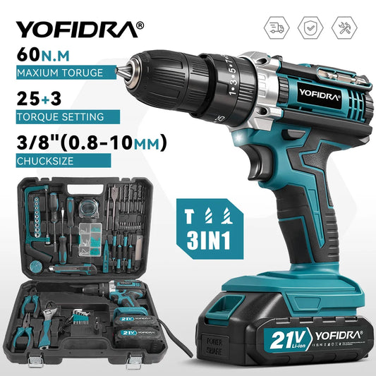 YOFIDRA 25+3 Torque Cordless Electric Impact Drill Multifunction Screwdriver Househeld DIY Power Tool For Makita 21V Battery Pin