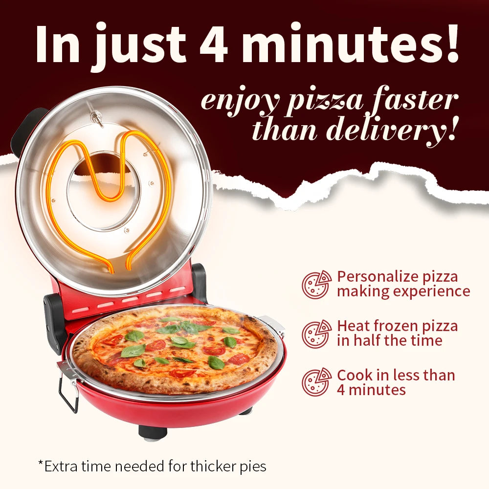 Klaif 12’’ Electric Pizza Oven Indoor Double-sided Heated Fry Countertop Oven Pizza Maker 1200W 5-Min Crisp Dual Knob Control
