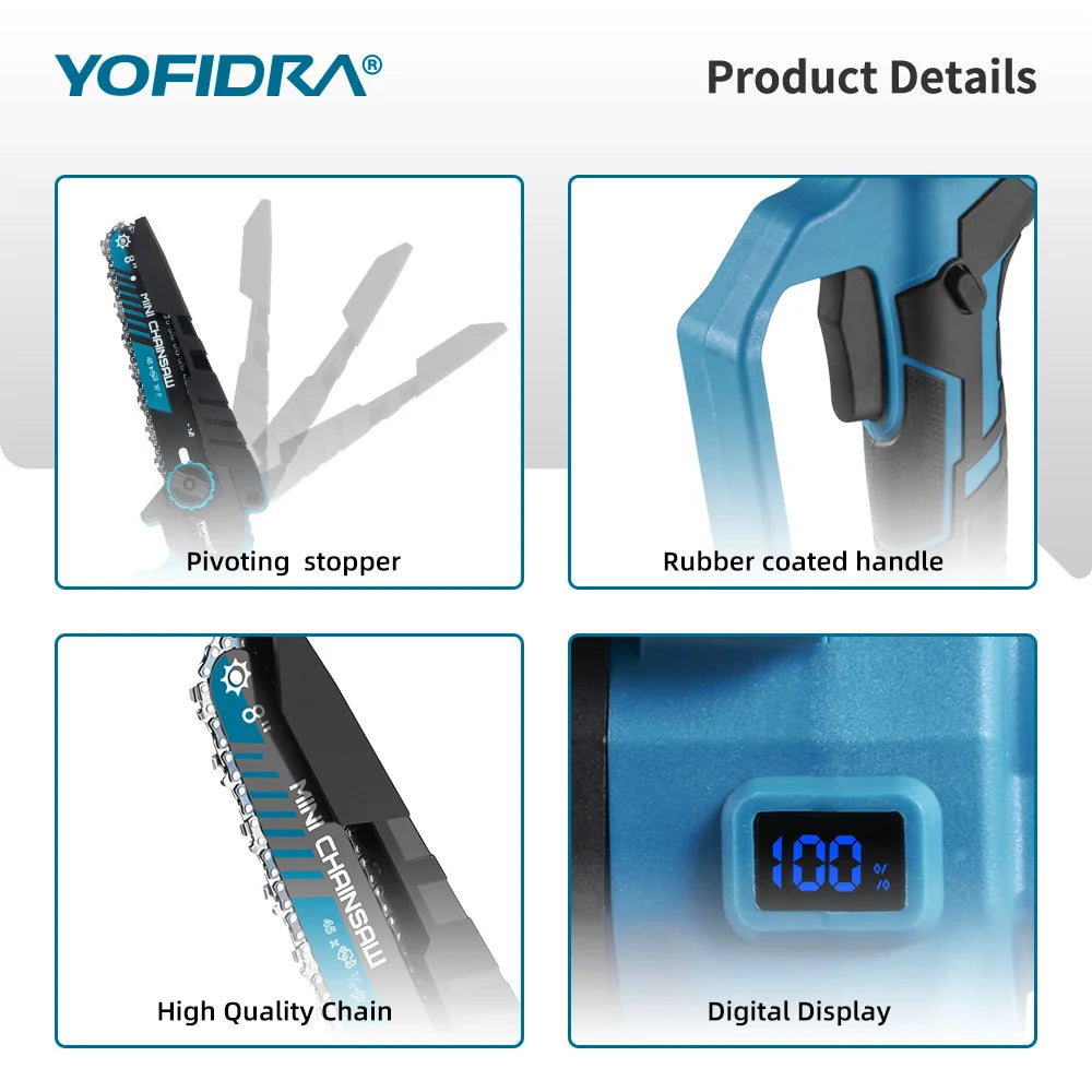 YOFIDRA 8 Inch Brushless Electric Chainsaw 3500W Handheld Woodworking Pruning Chain Saw Cutter Power Tool For Makita Battery Pin