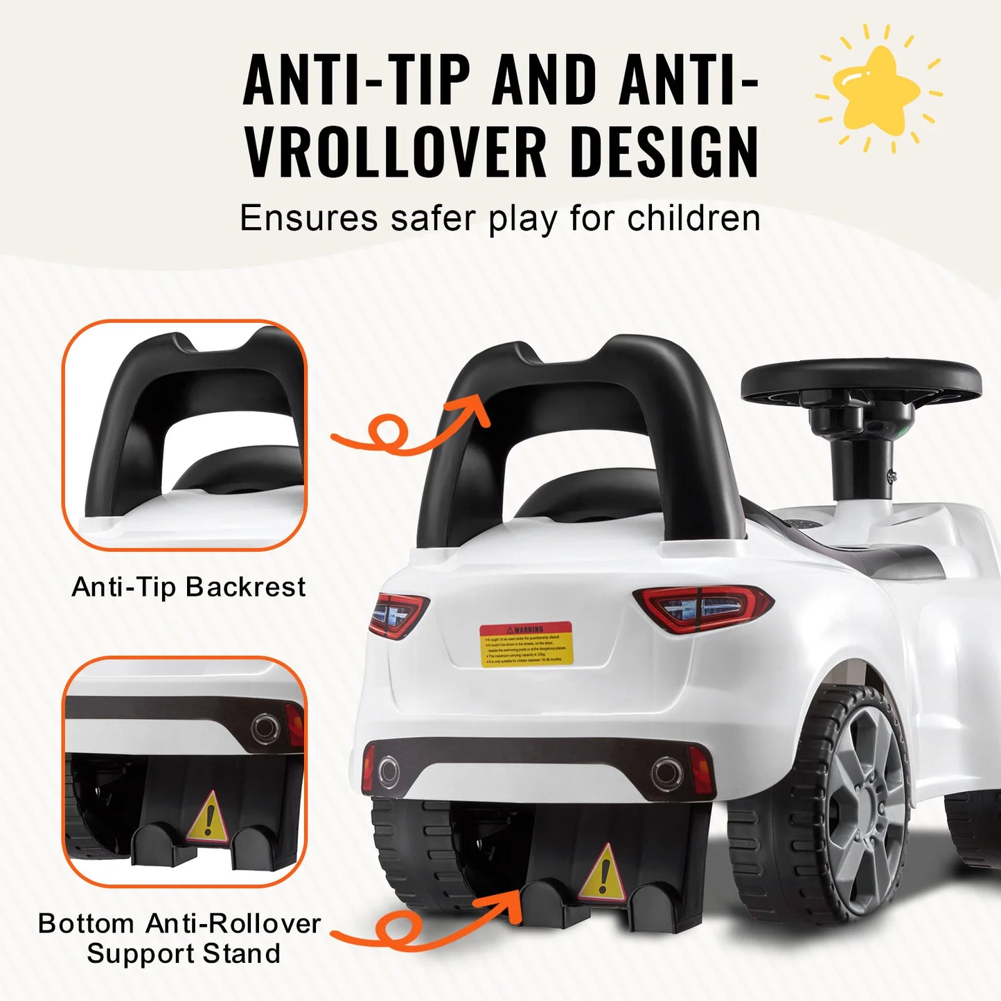 SucceBuy White/Pink Ride On Push Car Classic Sports Toy for Toddlers with Music Steering Wheel - Quality Shopping Centre