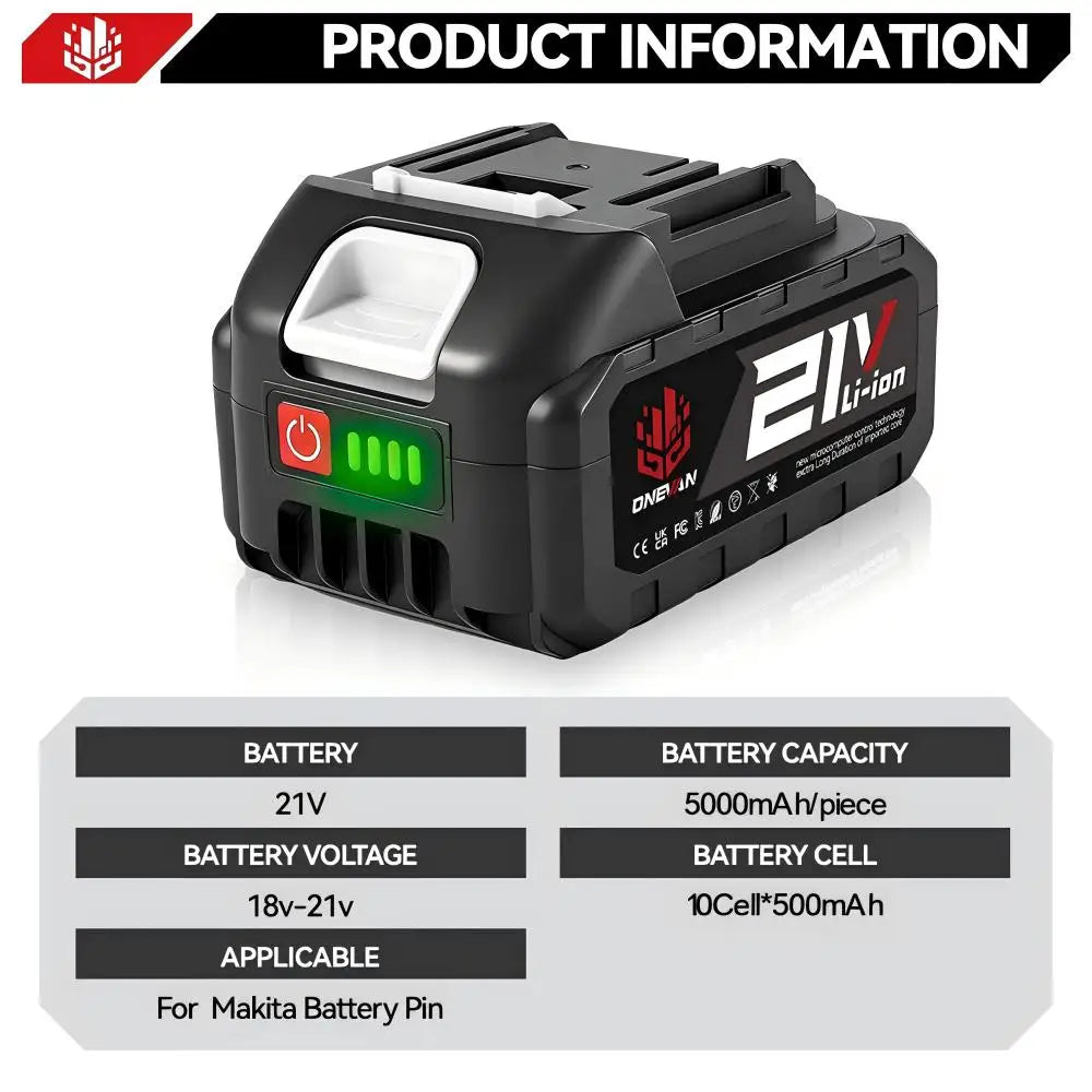 Batterie au lithium rechargeable ONEVAN 21V 22500mAh 15000mAh pour outils électriques sans fil, compatible avec les batteries Makita 18V