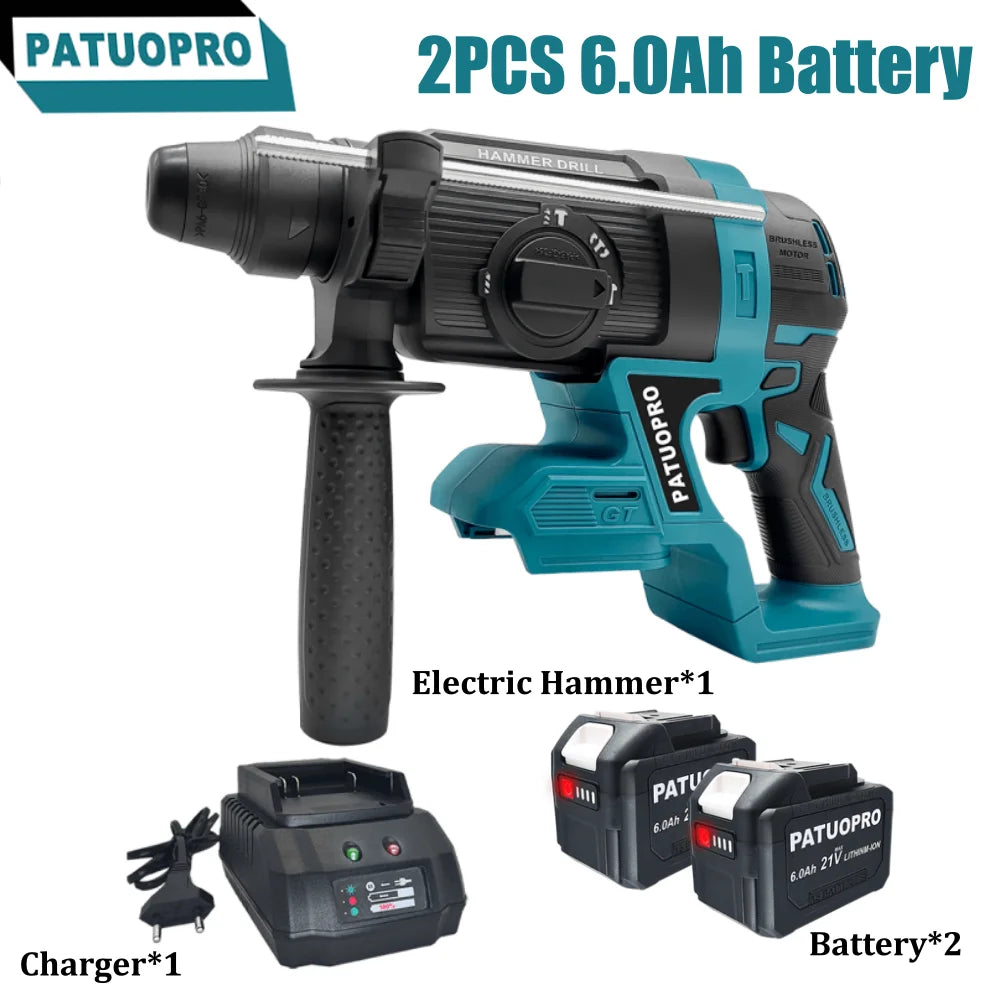 Marteau perforateur sans balais PATUOPRO 26 mm, 4 modes, SDS, rechargeable, outil électroportatif multifonction pour batterie Makita 18 V