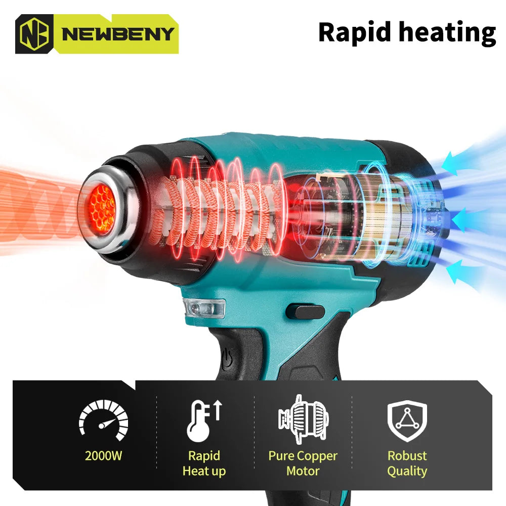 NEWBENY Pistolet à air chaud électrique 2000W 500℃, 9 vitesses, portable, sans fil, rechargeable, outil électrique industriel et domestique pour batterie Makita