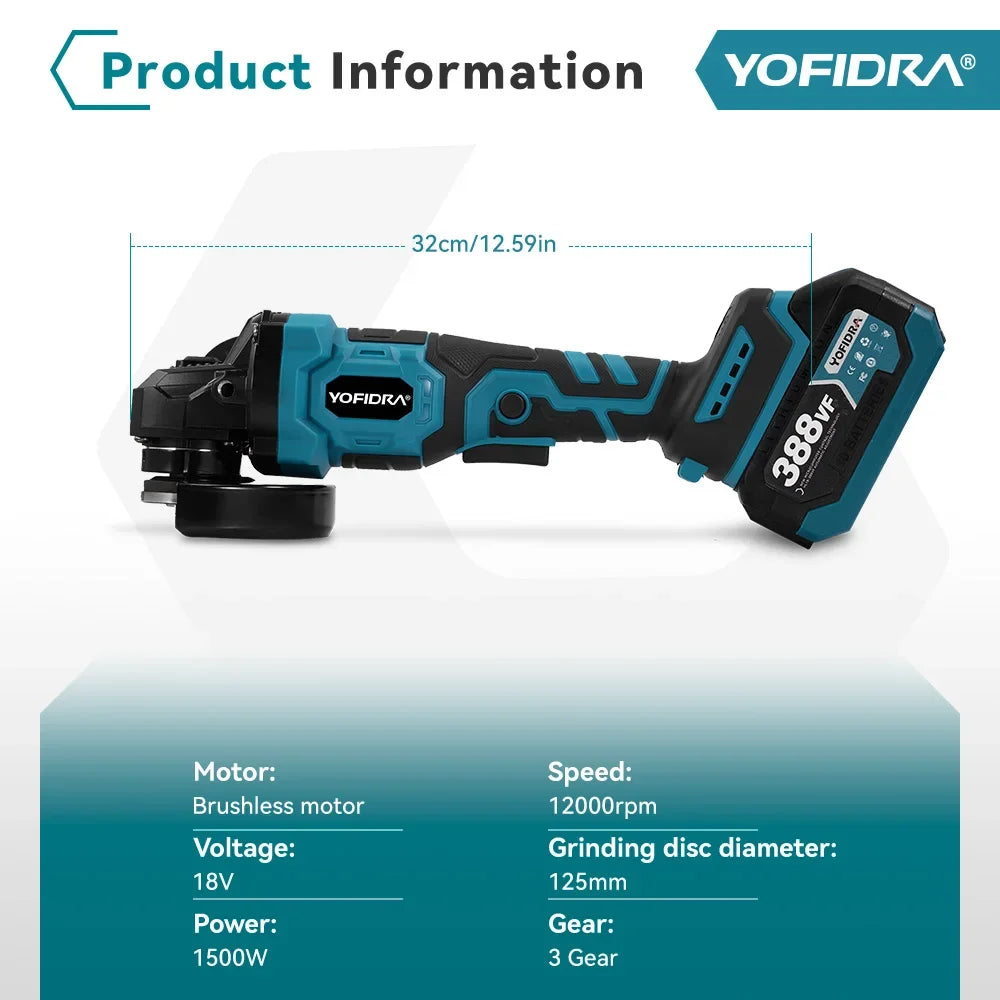 YOFIDRA 125mm Brushless Angle Grinder 3 Gears Cordless Grinding Machine Cutting Woodworking Power Tool For Makita Battery Pin