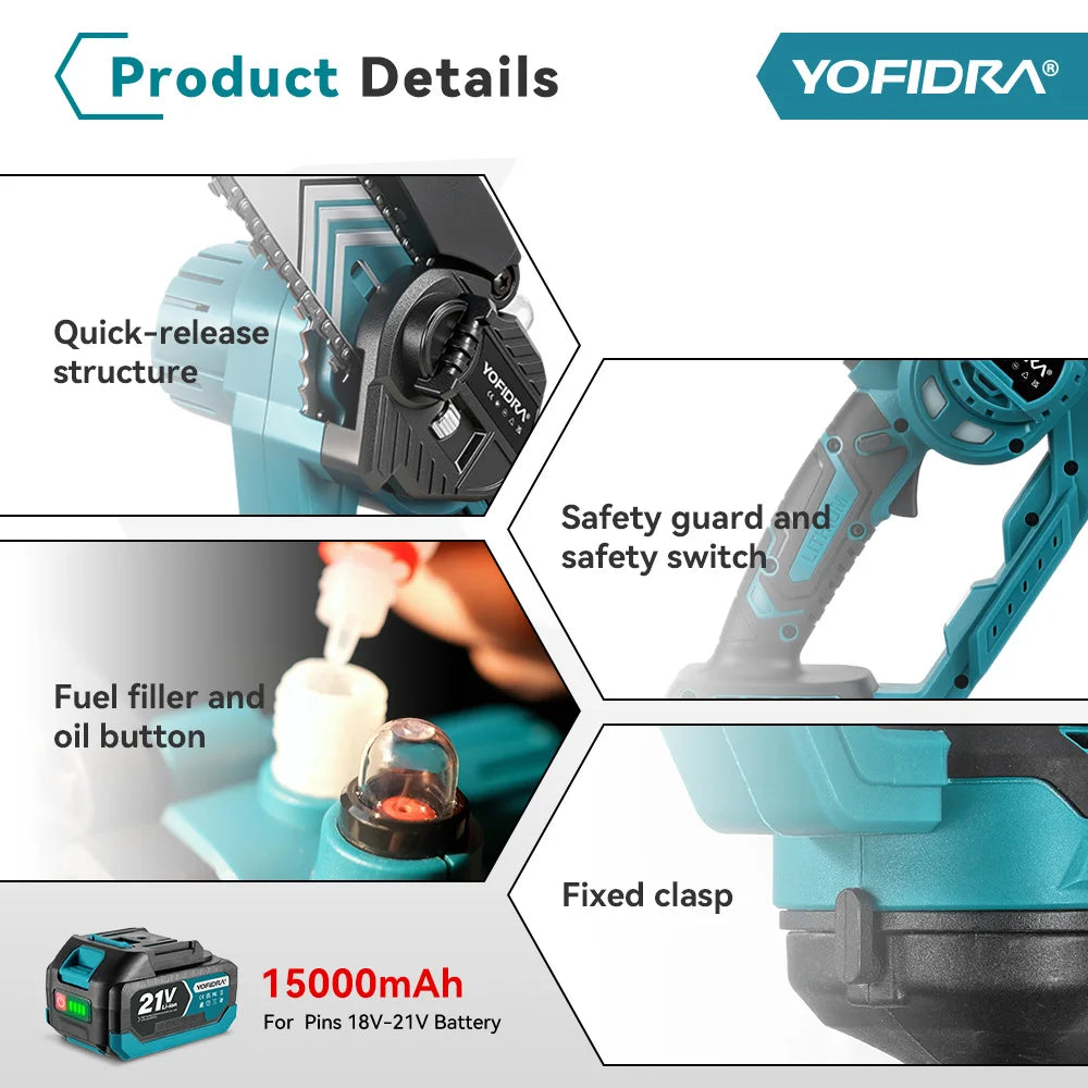 YOFIDRA 5000W Brushless Telescoping Pole High Branch Saw Electric Chainsaw Woodworking Power Tool for 18V 21V Battery Pin