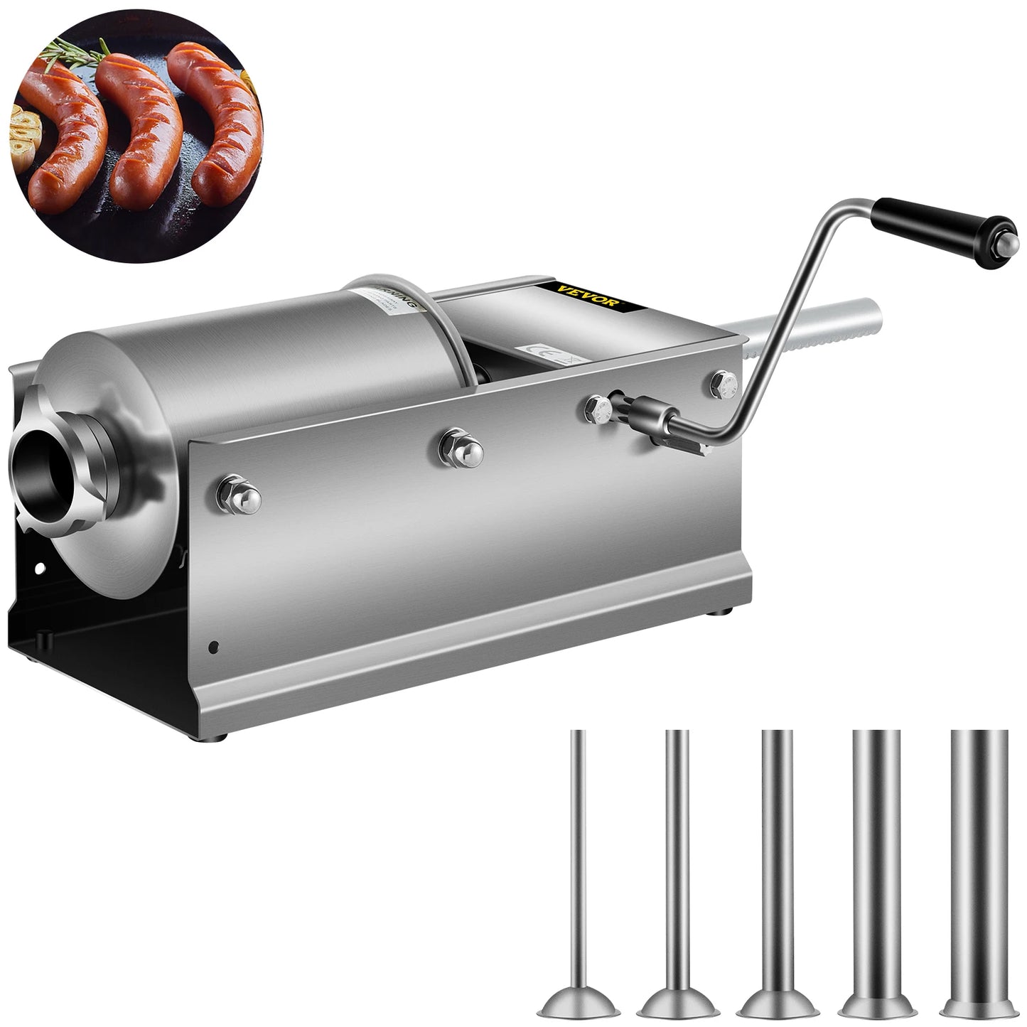 SucceBuy 3L Horizontal Sausage Stuffer Manual Sausage Maker Stainless Steel With 5 Filling Nozzles For Home & Commercial Use