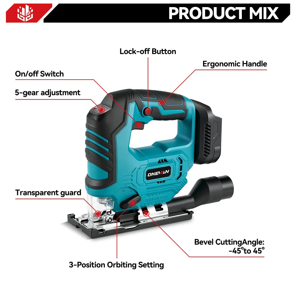 Scie sauteuse électrique sans fil sans balais ONEVAN 3500 tr/min, 1000W, outil de découpe pour travail du bois, compatible avec batterie Makita 18V
