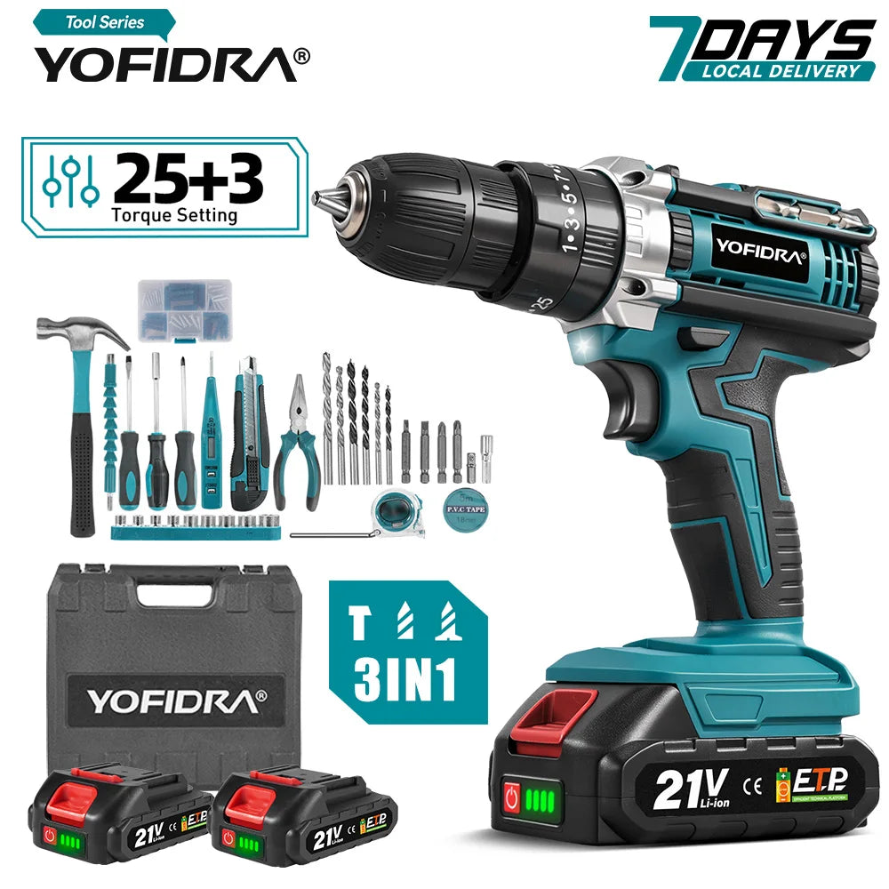 YOFIDRA 25+3 Torque Electric Impact Drill Cordless Multifunction Drill Screwdriver Home DIYPower Tool for Makita 21V Battery Pin