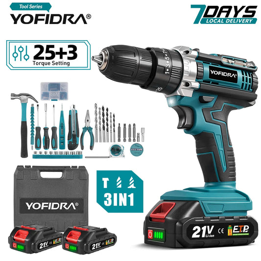 YOFIDRA 25+3 Torque Electric Impact Drill Cordless Multifunction Drill Screwdriver Home DIYPower Tool for Makita 21V Battery Pin
