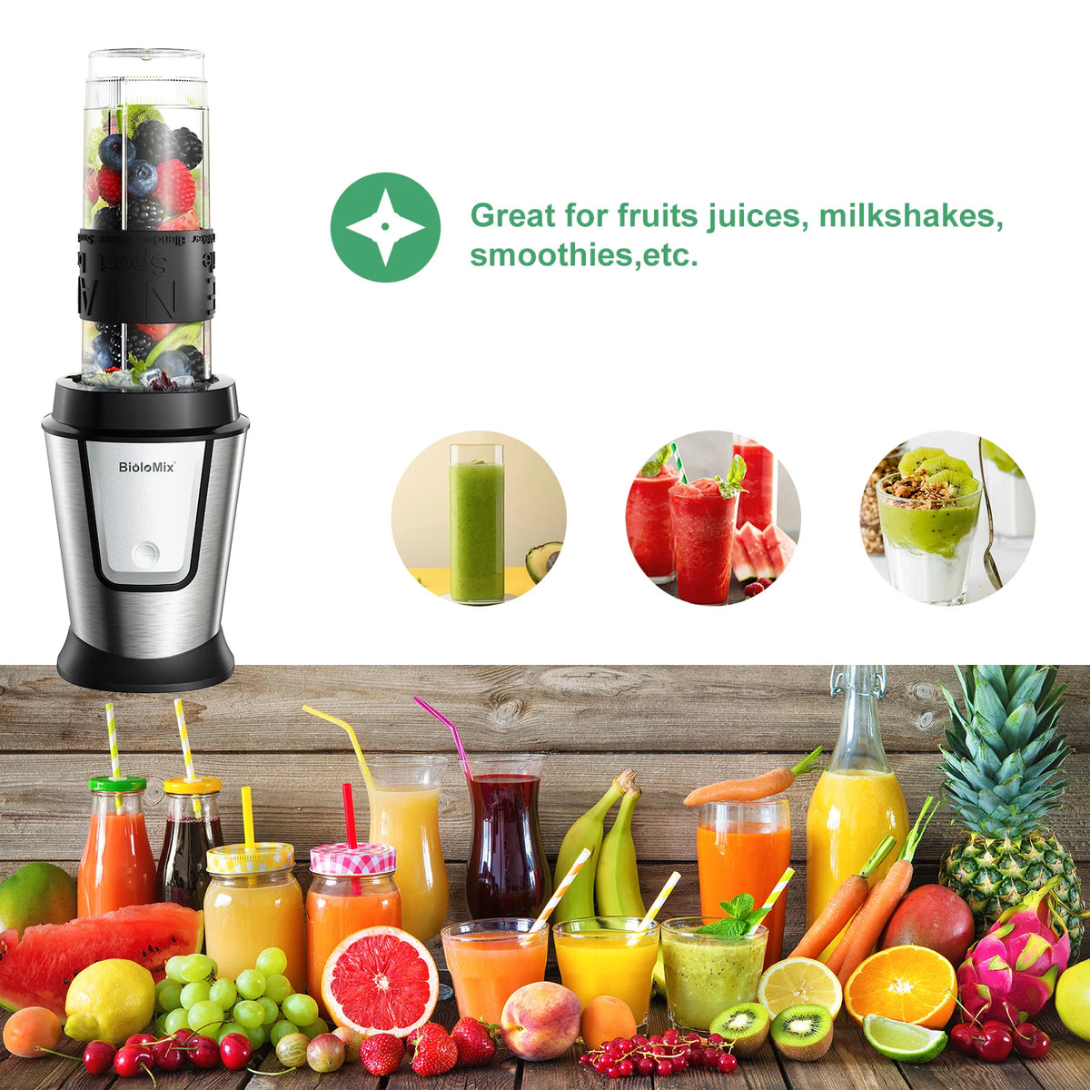 Blender compact BioloMix 700W 3-en-1, centrifugeuse, robot culinaire et moulin à sec, parfait pour préparer des jus frais et des trempettes