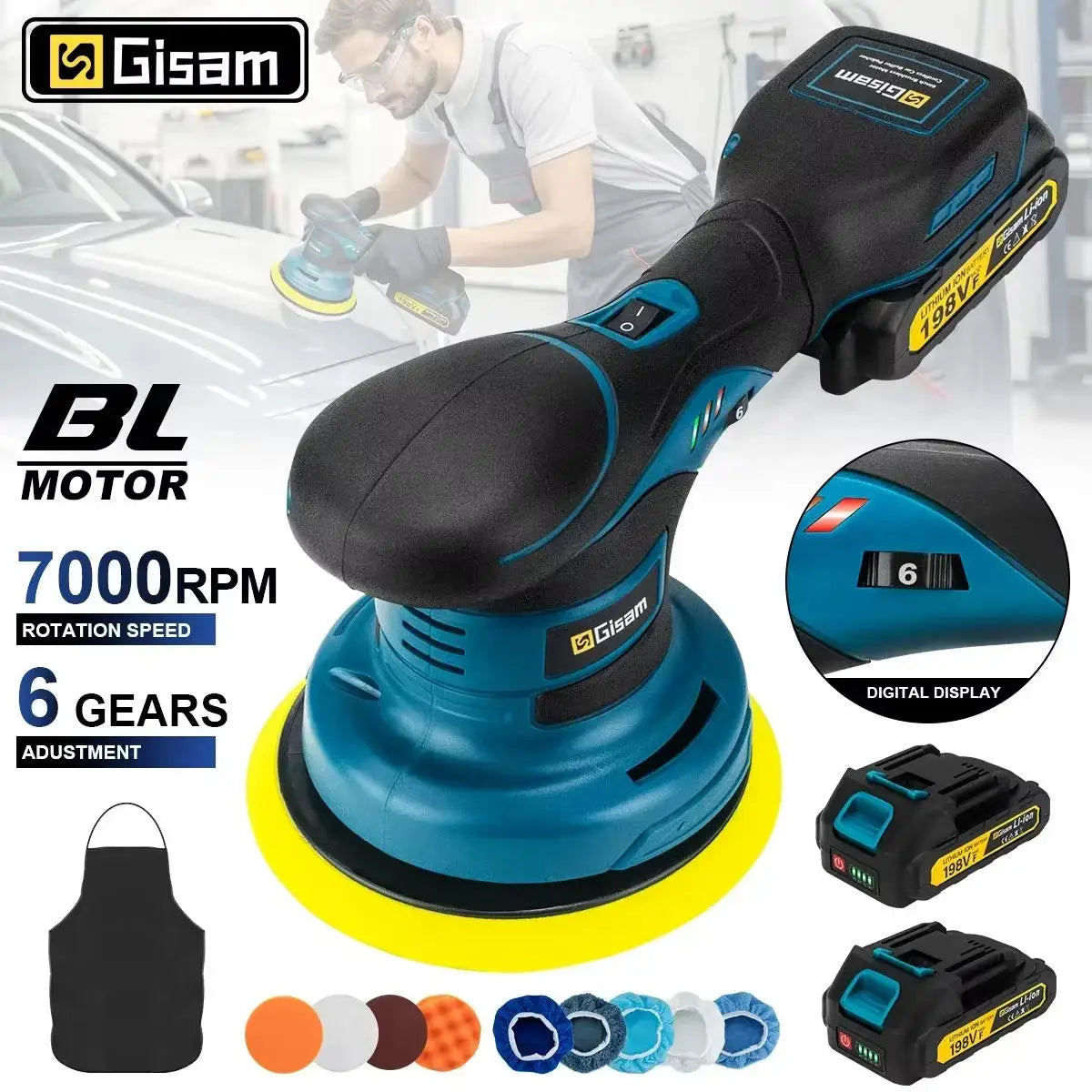 Gisam Brushelss Car Polisher 6 Gears Cordless Electric Polishing Machine Metal Waxing Wood Grinding For Maktita 18v Battery Pin
