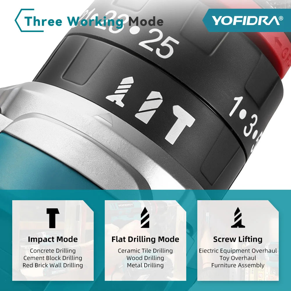 YOFIDRA 3-in-1 25+3 Koppel Elektrische Slagboormachine Handbediende Snoerloze Slagboormachine Houtbewerkingsgereedschap voor Makita Accu