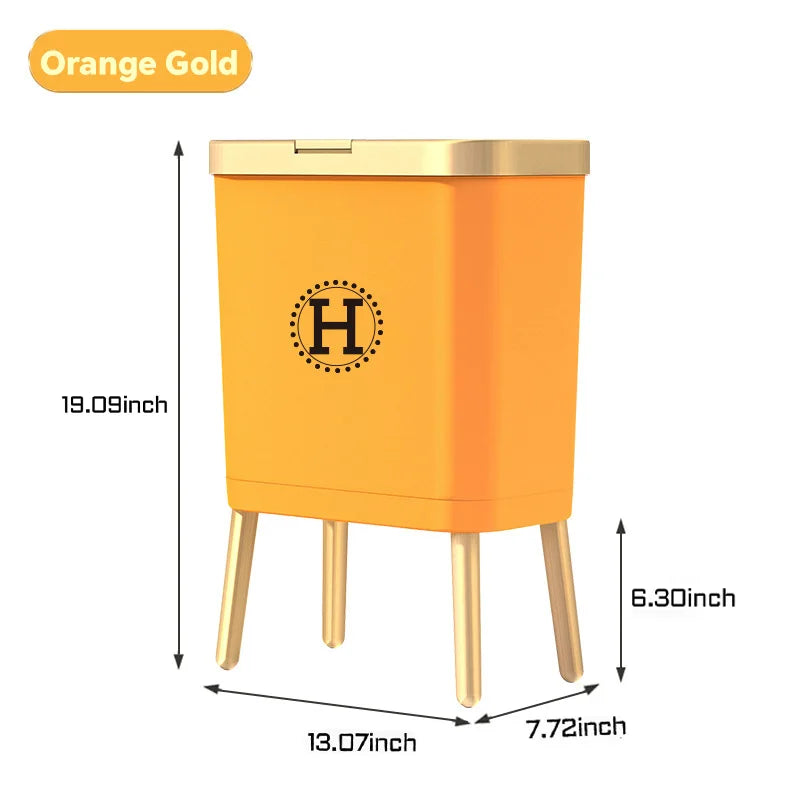 Bedroom Trash Can with Lid,Slim Bathroom Cans Lids, Dog Proof Press Top Lid,Modern Gold Plastic Waste Basket for Office,Kitchen