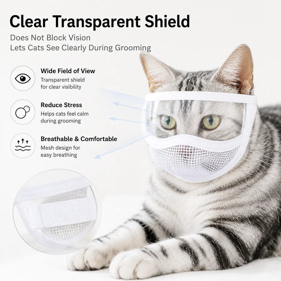 Cat Grooming Protective Mask Transparent Anti Bite Cat Muzzle Visor Face Shield for Nail Trimming Bathing Adjustable Velcro S M